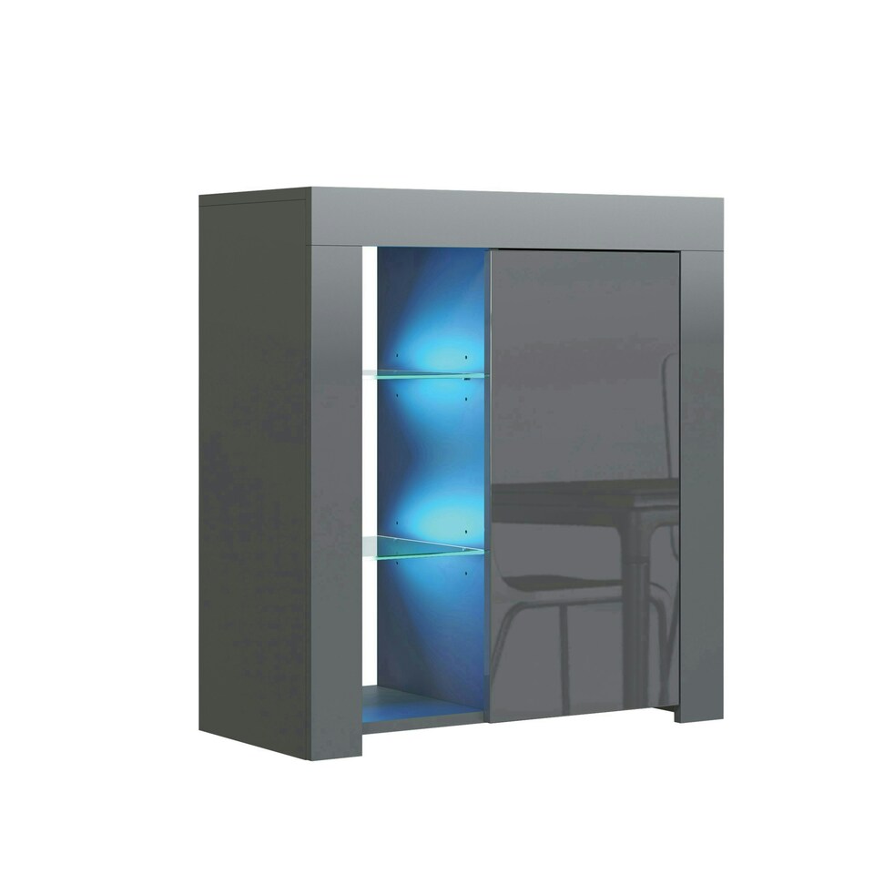 image 1 of Sideboard 75cm Grey Gloss Door Grey Matt Body Glass Shelves Free LED Grey