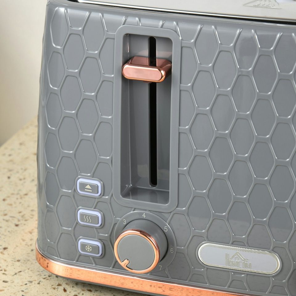 image 1 of HOMCOM Toaster with 4 Slot, 7 Browning Levels, 1600W, Grey Honeycomb Grey | Pink accents | 29.3L x 27.6W x 18.9H cm