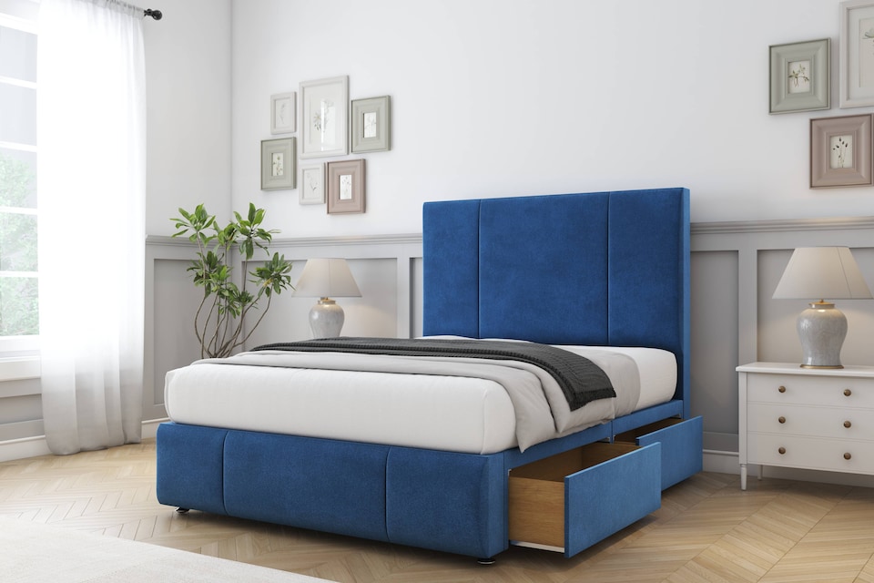 image 1 of Sloomy Lisbon Navy Plush Divan Bed Base 4 Drawers With 26 Inch Strutted Headboard & 12 Inch Matching Footboard | Blue | Navy | King | 1