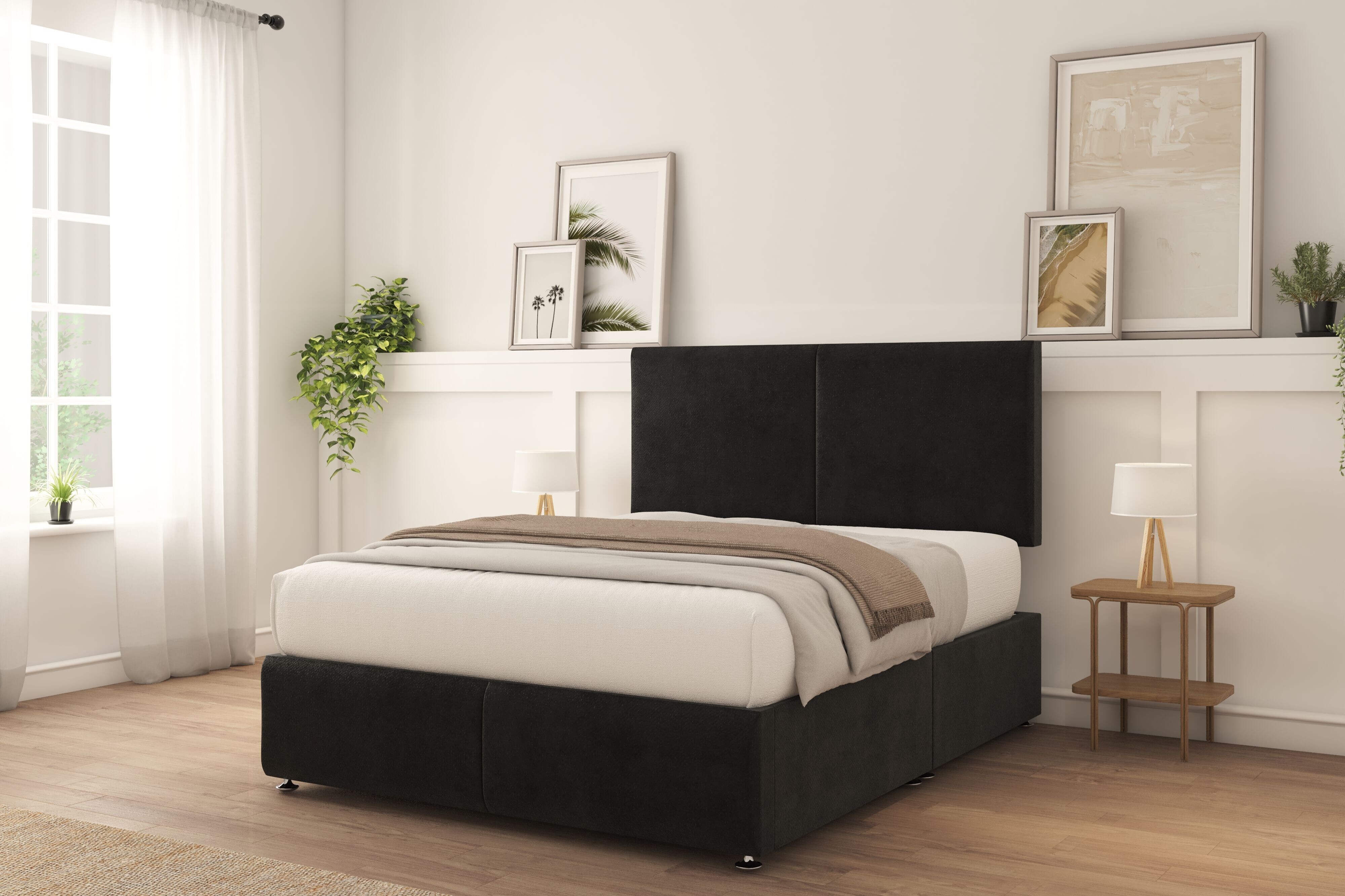 Sloomy Vienna Black Plush Divan Bed With Mattress No Drawers 26" Strutted Headboard & 12" Footboard 4'6 Double