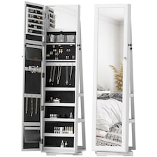 HOMCOM 360  Swivel Jewellery Cabinet, Free Standing Full Length Mirror with Storage, Lockable Jewellery Organiser with Built-in Makeup Mirror and Storage Shelves for Bedroom, White