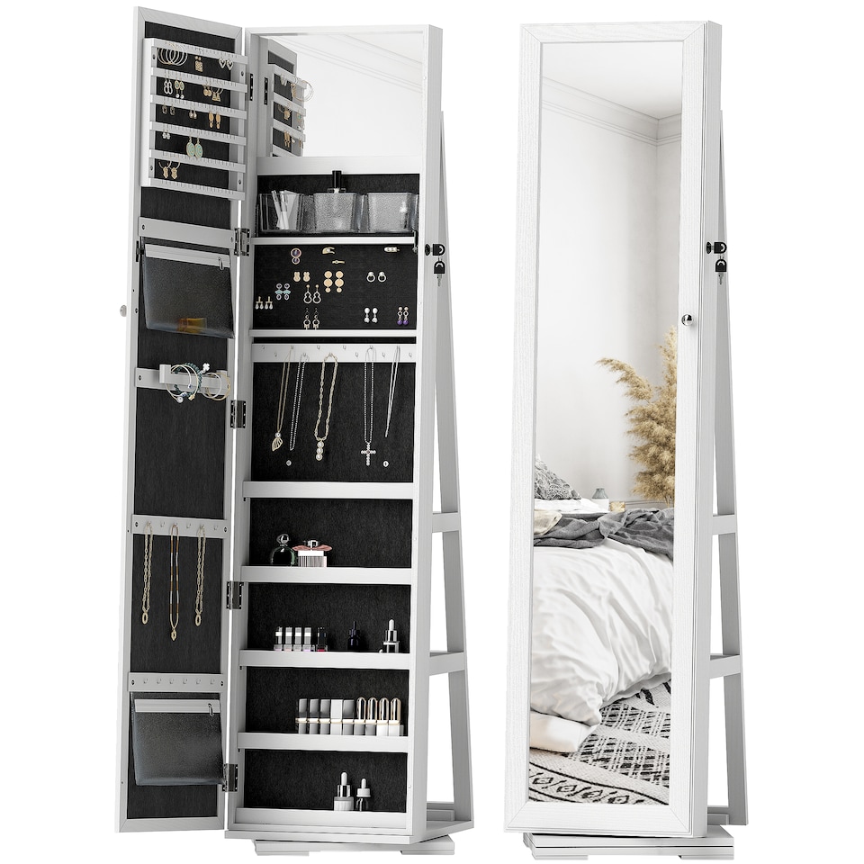 image 1 of HOMCOM 360  Swivel Jewellery Cabinet, Free Standing Full Length Mirror with Storage, Lockable Jewellery Organiser with Built-in Makeup Mirror and Storage Shelves for Bedroom, White