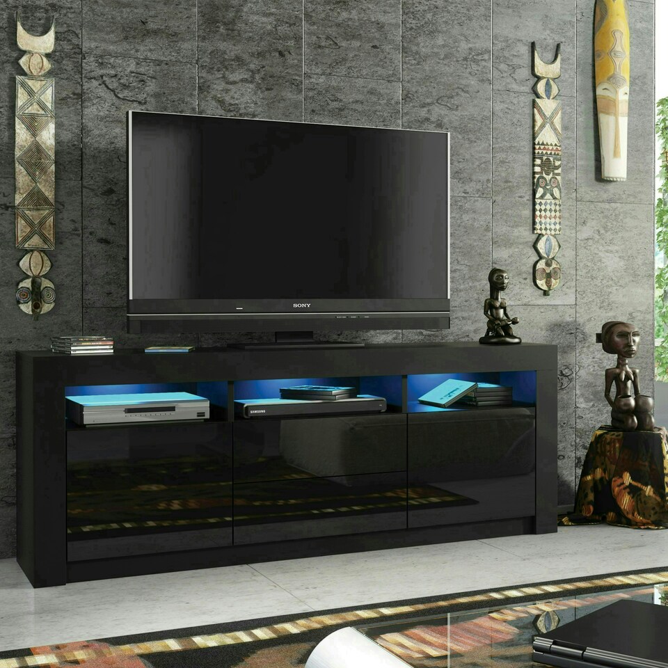 image 1 of TV Unit 160cm Black Gloss Doors & Drawers Black Matt Body With LED Black