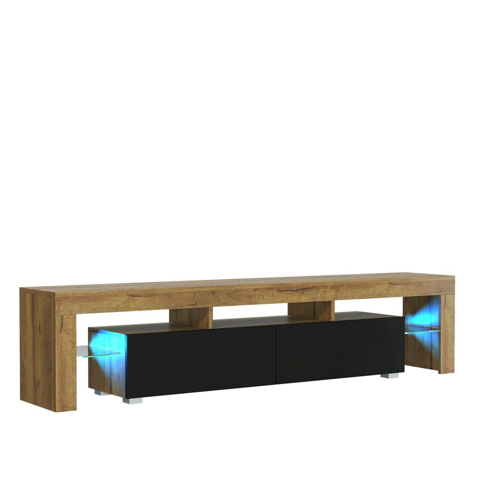 image 1 of Stylish Oak & Black TV Unit 200cm – Matt Finish with Glass Elements Multi