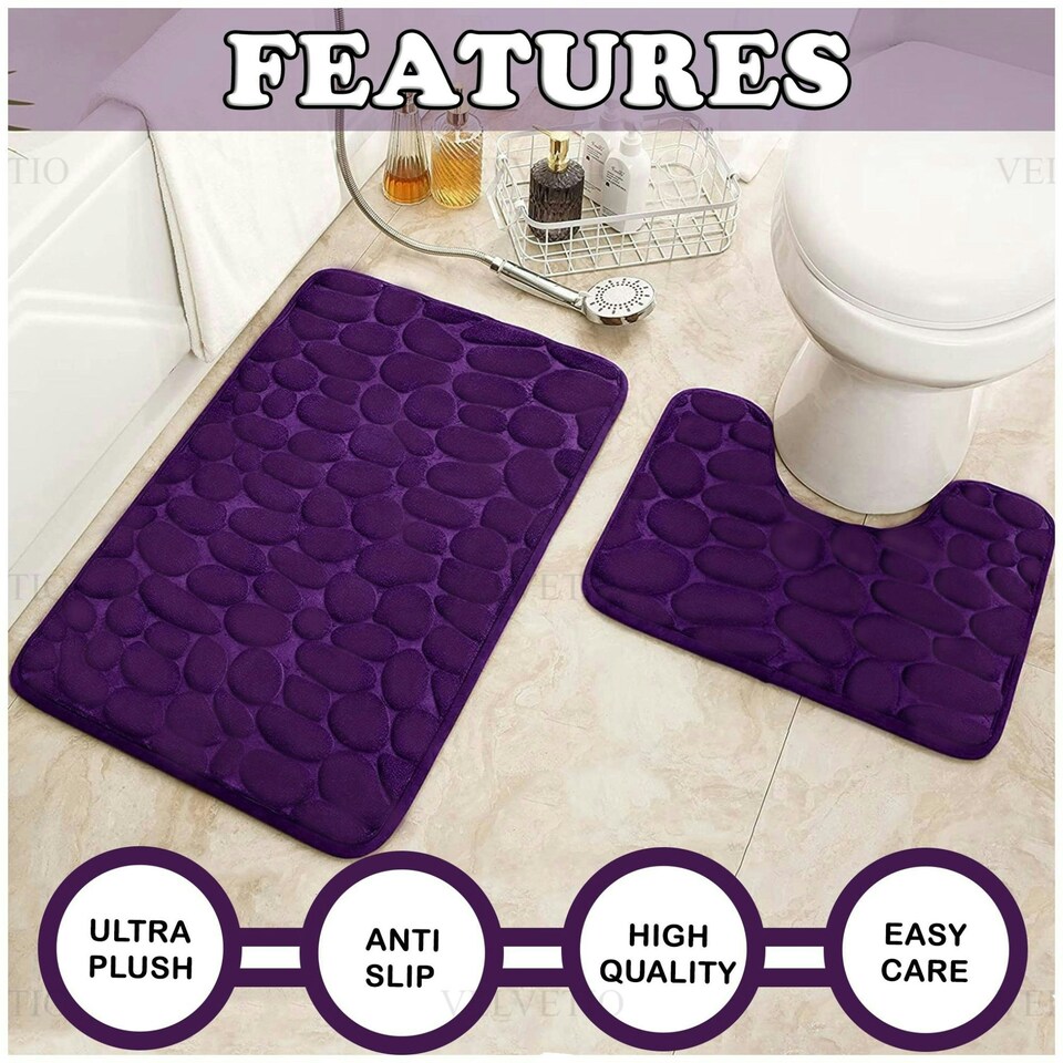 image 1 of VELVETIO 2Pc Pebble Bath Mat Set Memory Foam Bathroom Toilet Rugs Purple