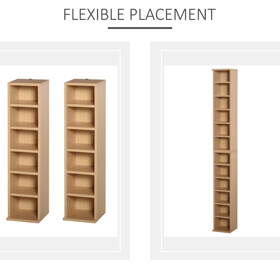 image 1 of HOMCOM 204 CD Media Display Shelf Unit Set of 2 Blu-Ray Tower Rack w  Adjustable Shelves Bookcase Storage Organiser, Natural Wood Colour