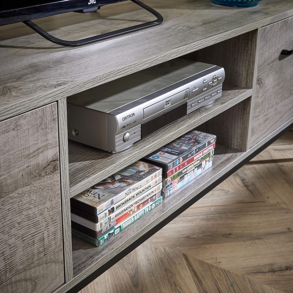 image 1 of TV Unit Media Stand Storage Cabinet Modern Oak Finish Cupboard and Shelf Storage | Grey
