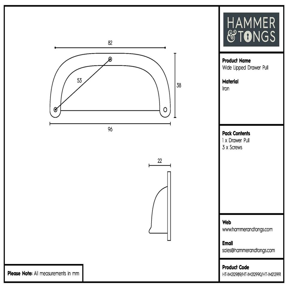 image 1 of Hammer & Tongs Wide Lipped Cabinet Drawer Pull - W95mm x H40mm - Brass N/A