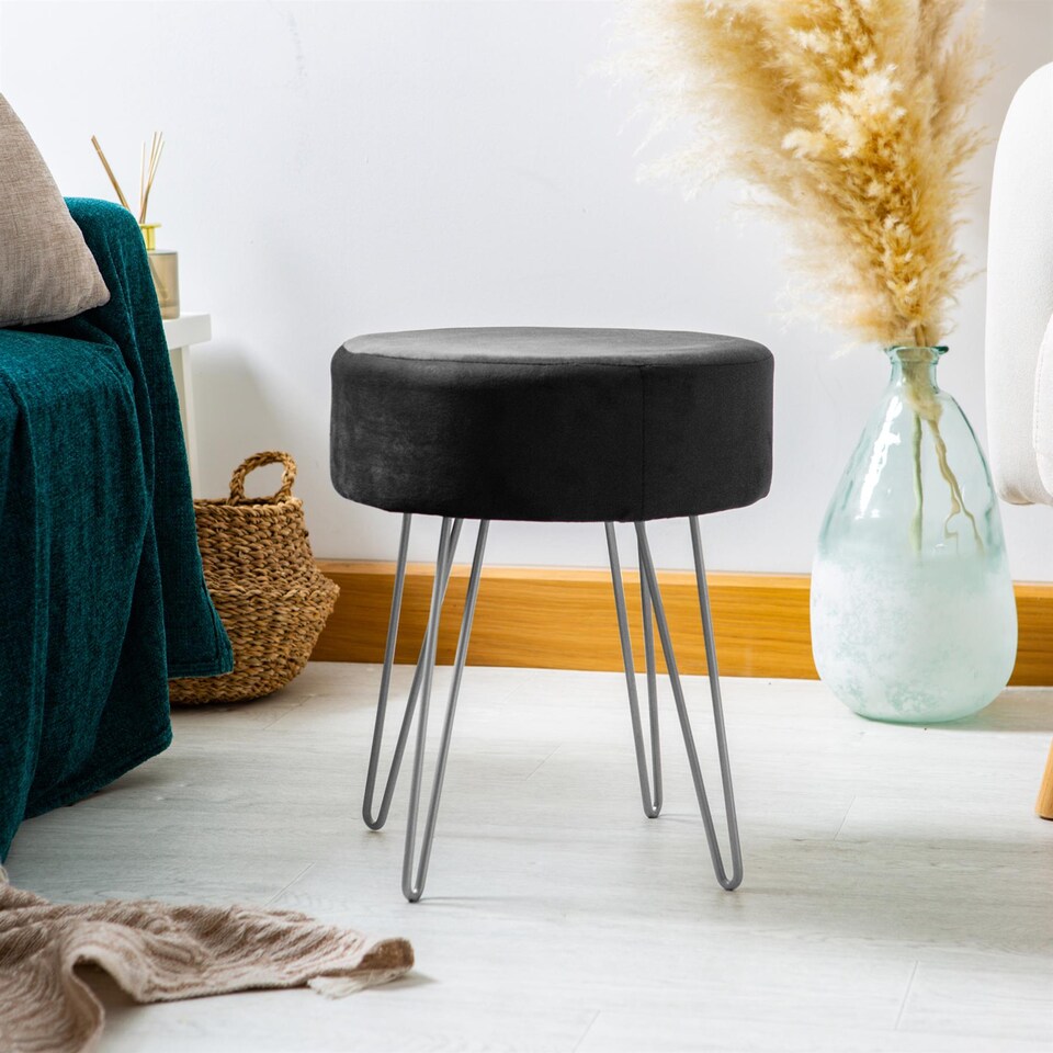 image 1 of Harbour Housewares Velvet Footstool - Round Modern Dressing Table Footstool Vanity Seat Chairs - 40 x 35cm - Black/Silver | Black | Black/Silver | Pack of 1 | 1