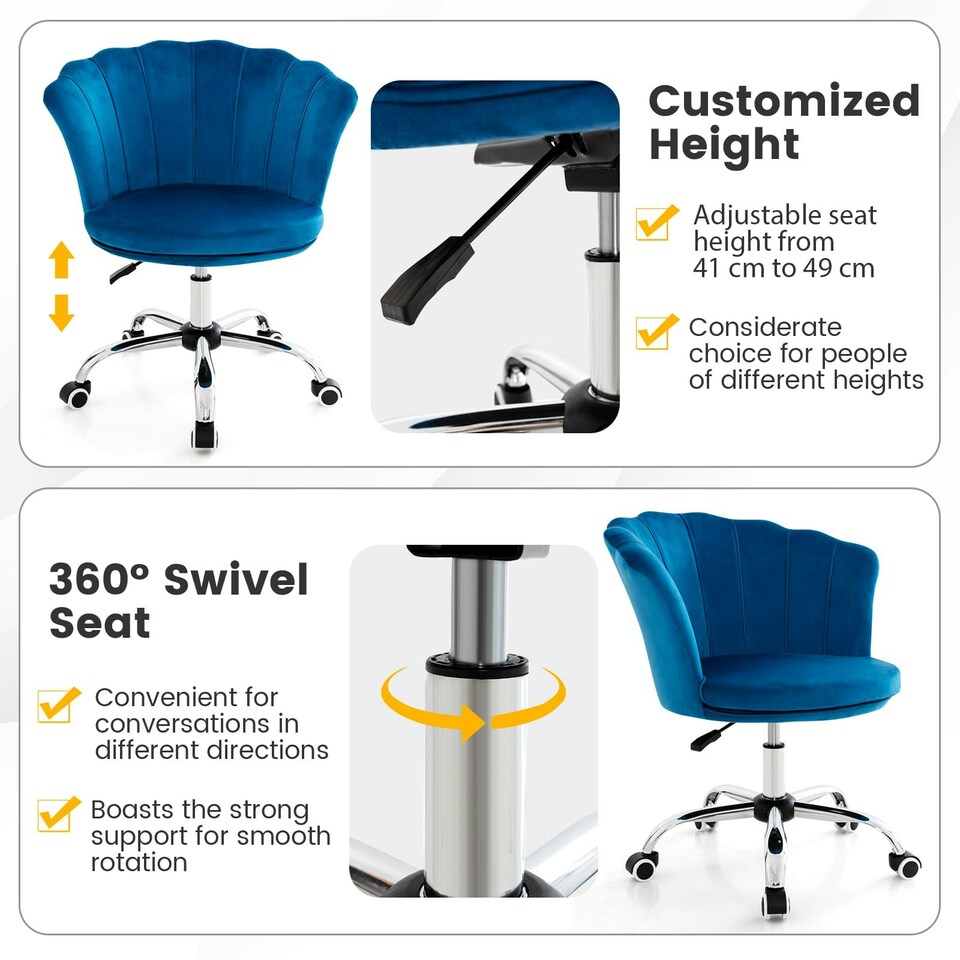 image 1 of COSTWAY Adjustable Upholstered Velvet Armchair w/Wheels Blue Blue