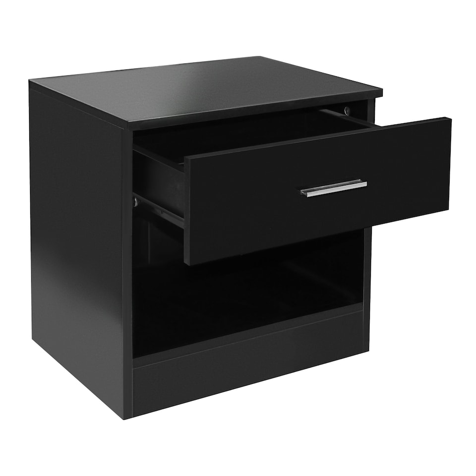 image 1 of Modern Bedside Table with Drawer and Open Shelf High Gloss In Black Black