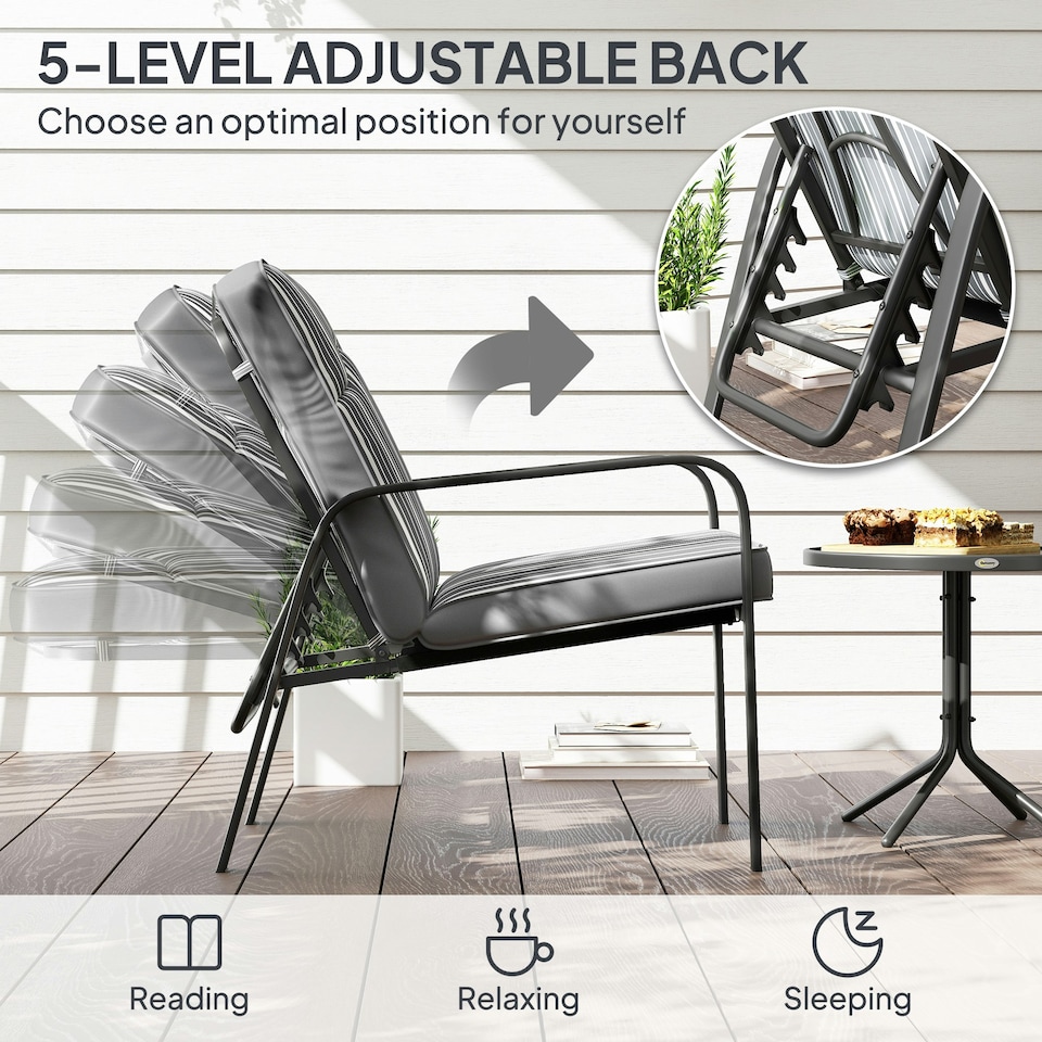 image 1 of Outsunny 3-Piece Recliner Garden Chairs and Tempered Glass Table Set, Grey 