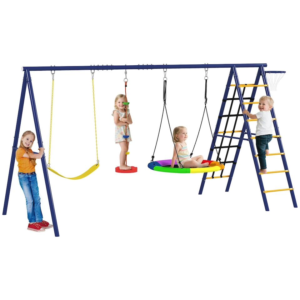 image 1 of AIYAPLAY 6 in 1 Kids Swing Set with 3 Swings, Climbing Net and Ladder