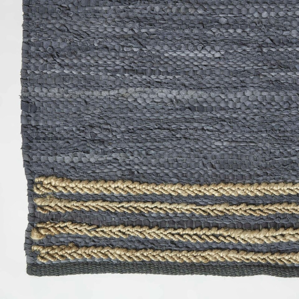 image 1 of Homescapes Recycled Leather Handwoven Stripe Rug | Grey | Grey