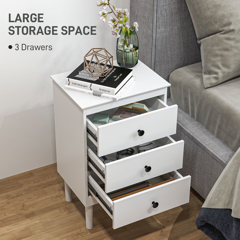 image 1 of HOMCOM Bedside Table Set of 2, Bedside Cabinet with 3 Drawers, Modern Sofa Side Table, Nightstand for Bedroom, 40x30x64cm, White