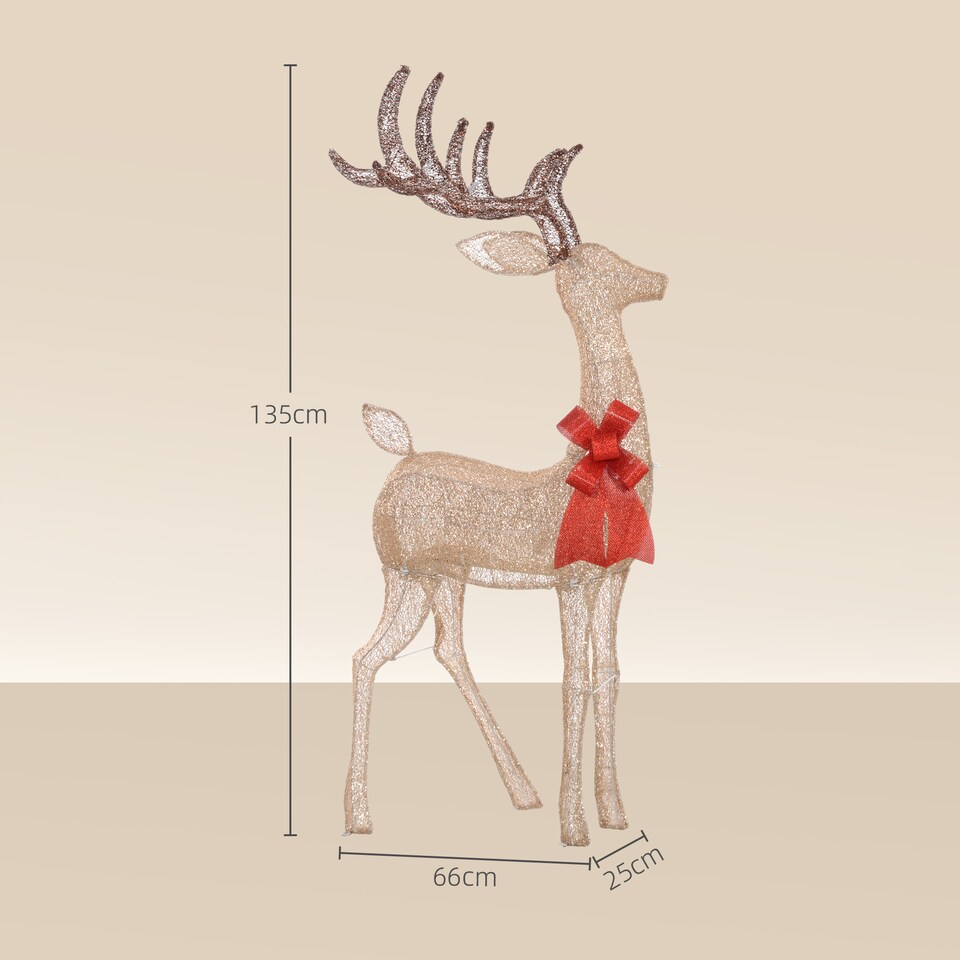 image 1 of Outsunny Lighted Reindeer Christmas Decoration w/ Stakes Zip Ties Gold Tone