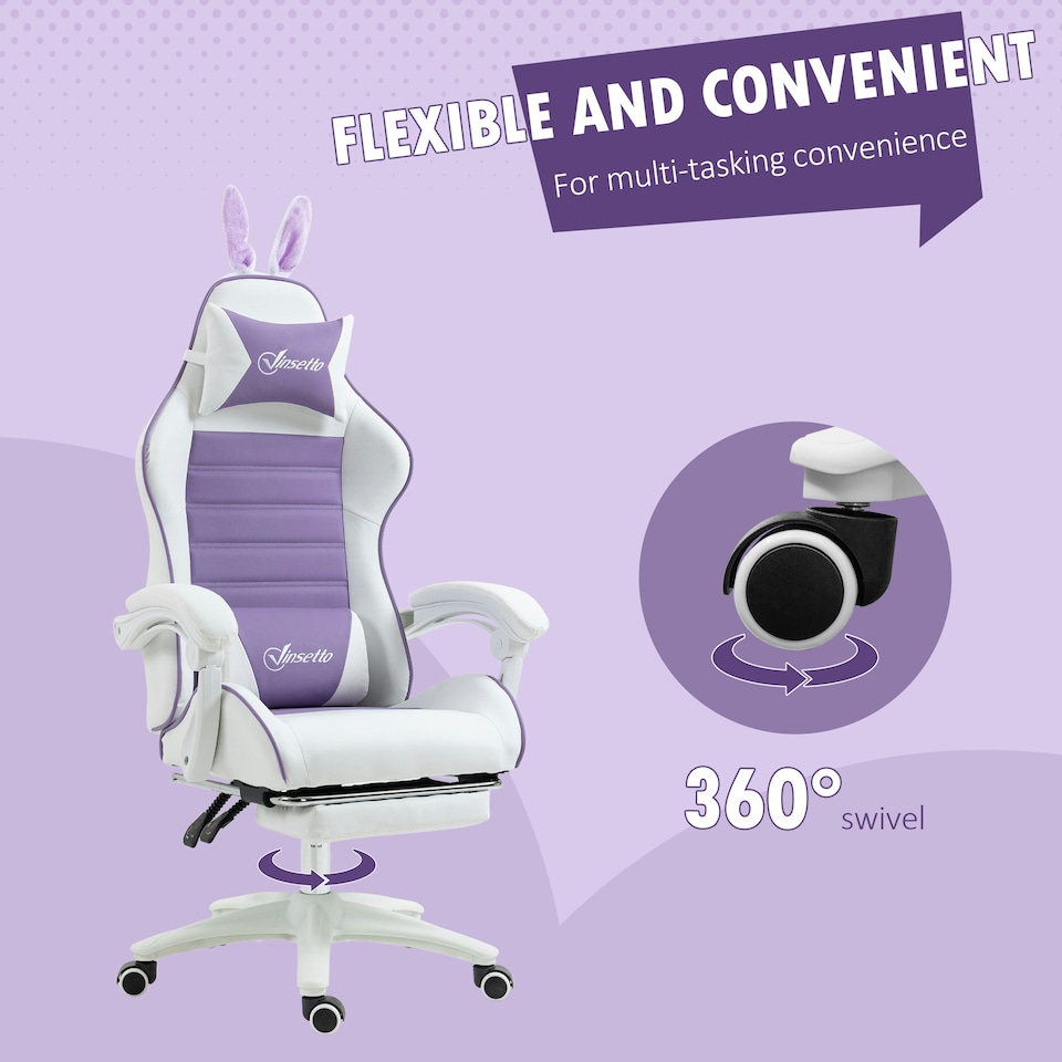 image 1 of Vinsetto Racing Style Gaming Chair with Footrest Removable Rabbit Ears, Purple