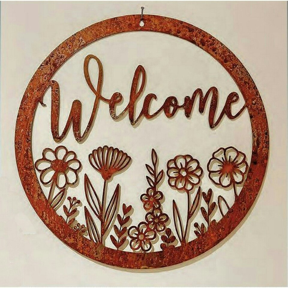 image 1 of Wildflower Round Welcome Small Garden Wall Art - L29.5 x H29.5 cm - Bare Metal/Ready to Rust
