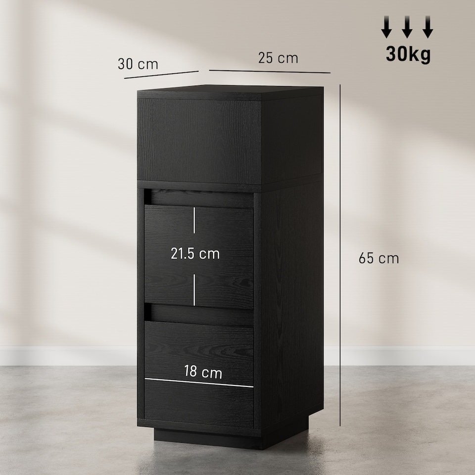 image 1 of HOMCOM Slim Bedside Table, Narrow Bedside Cabinet with Open Shelf and 2 Drawers, Modern Nightstand for Bedroom, Living Room, Black | Black | Black