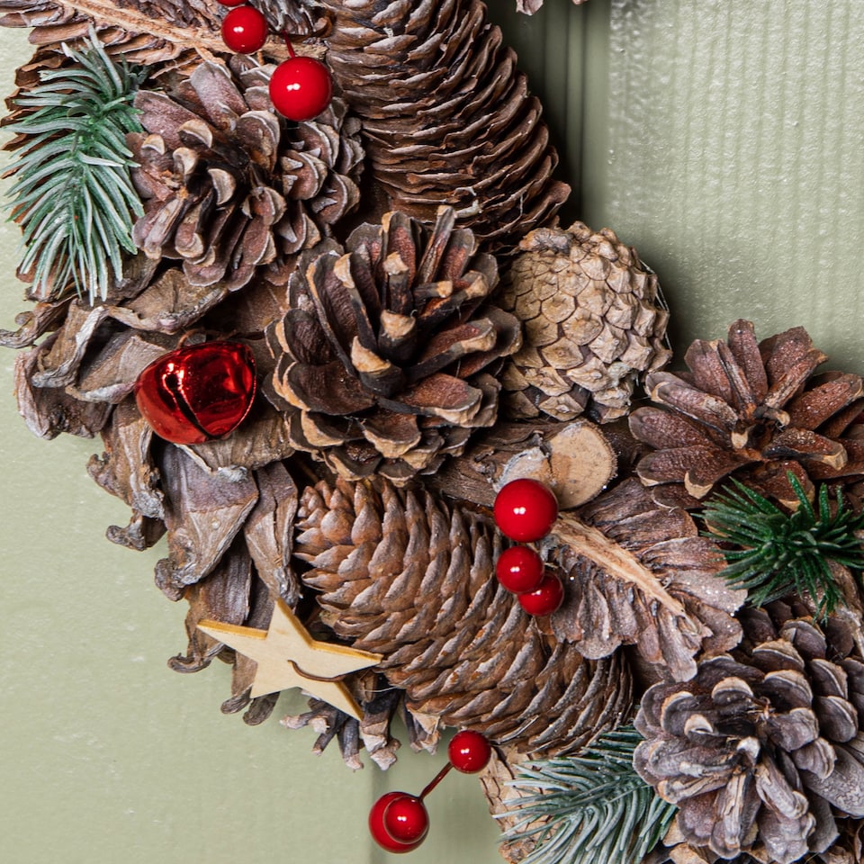 image 1 of 36cm Frosted Hanging Christmas Wreath with Red Jingle Bells & Wooden Stars