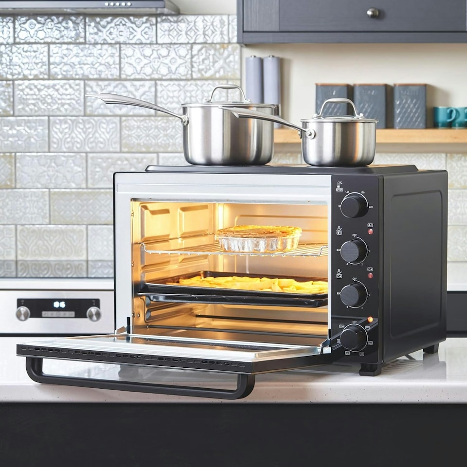 image 1 of Cooks Professional Mini Oven | 48 Litre with 2 Ceramic Hobs | 1800W Oven | 1000W and 1500W Ceramic Hobs | Black Contemporary