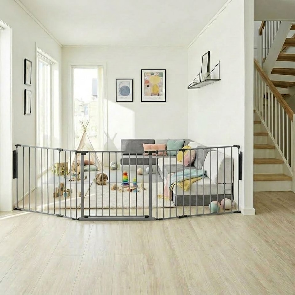 image 1 of Safetots Premium Multi Panel Room Divider, up to 154cm Wide, Grey, 70cm Tall, Flexible Barrier with Door for Baby and Toddler | Grey