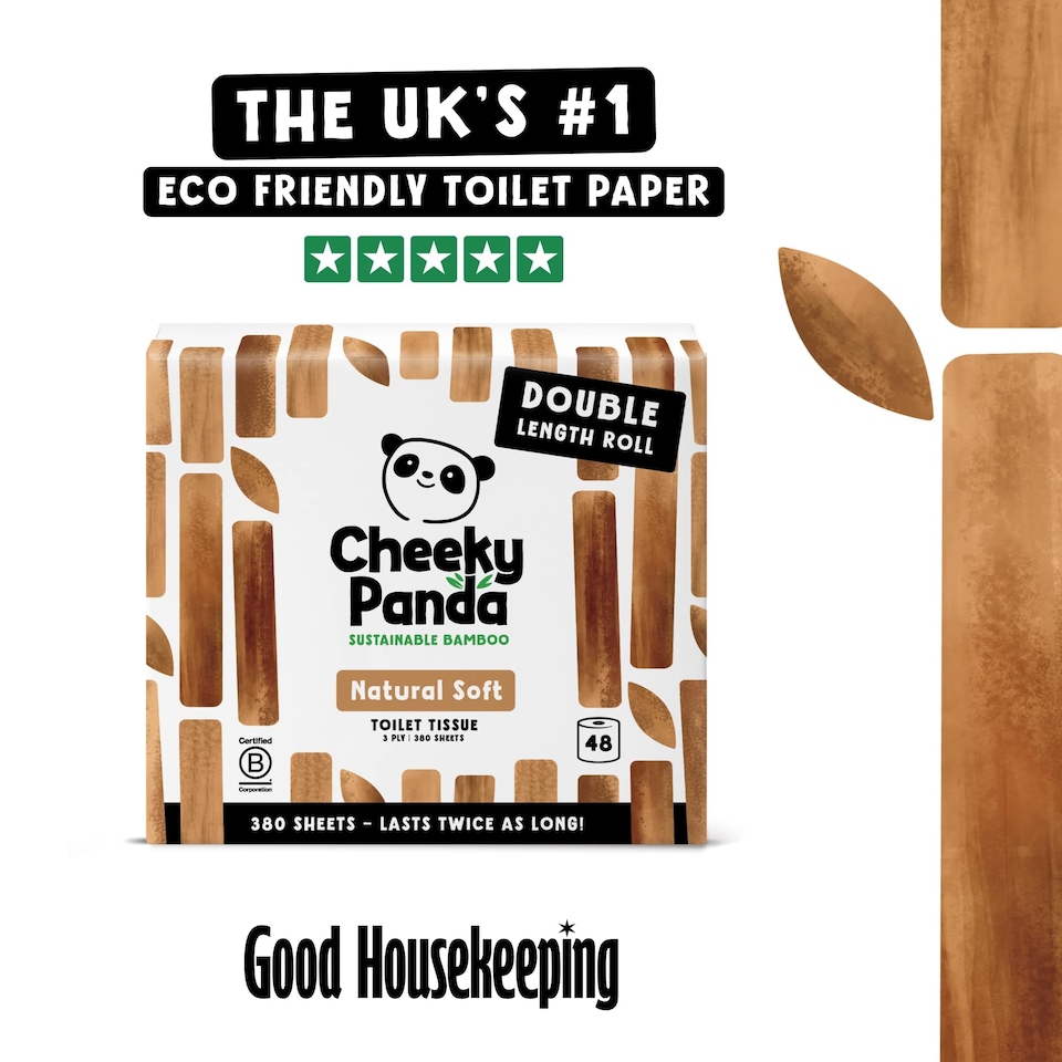 image 1 of Cheeky Panda Double-Length Natural Colour  Bamboo Toilet Paper 48 rolls 380 3 ply sheets | Brown | Size: 48 Rolls | 48