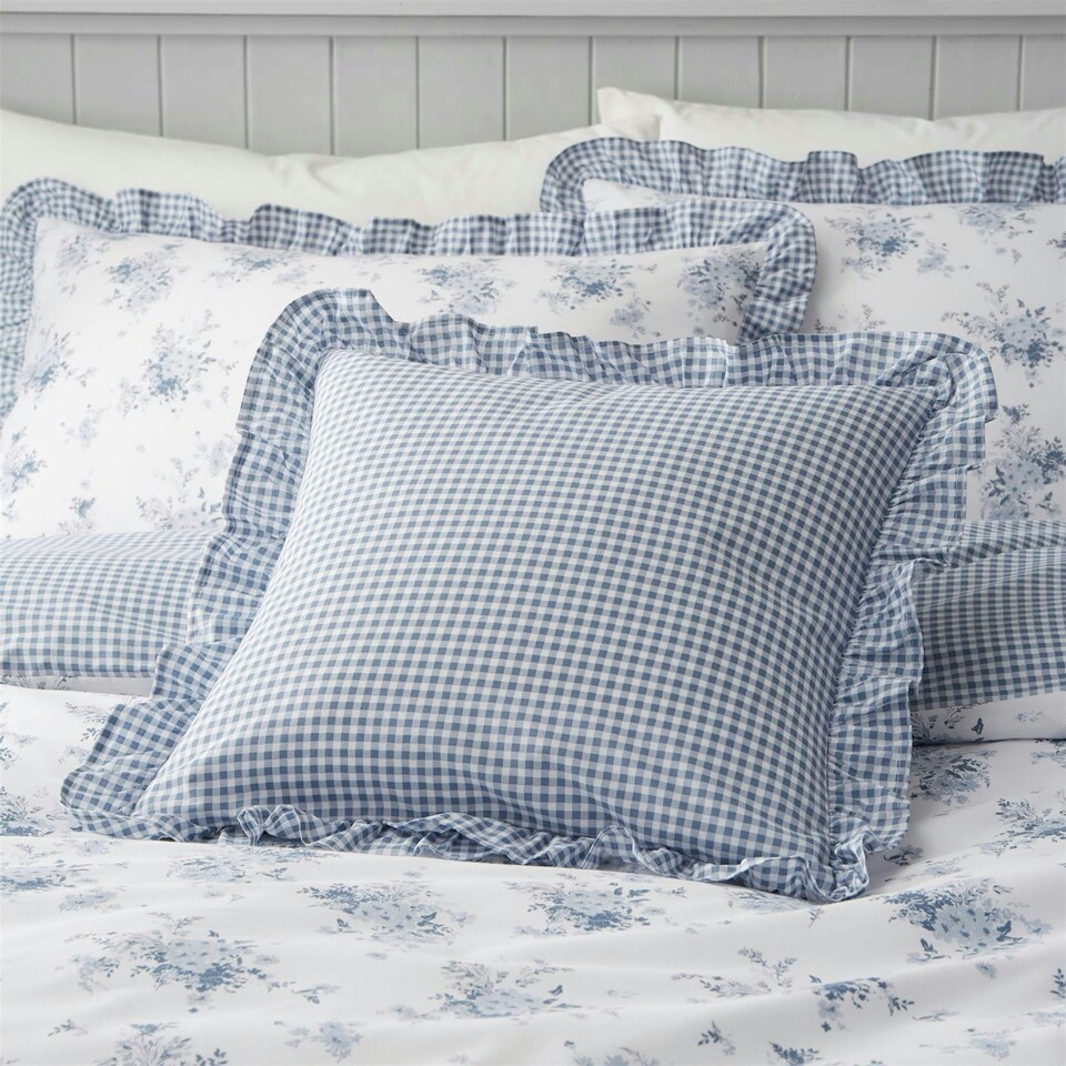 image 1 of Catherine Lansfield Lucie Floral Frill Blue Filled Cushion Blue | 45x45cm
