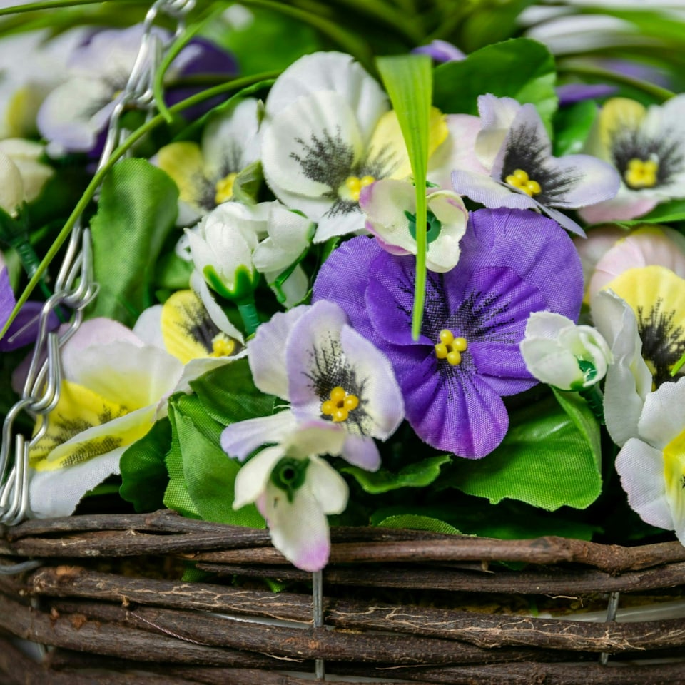 image 1 of Primrose Artificial Pansy Flowers Rattan Hanging Basket Yellow Purple White 25cm