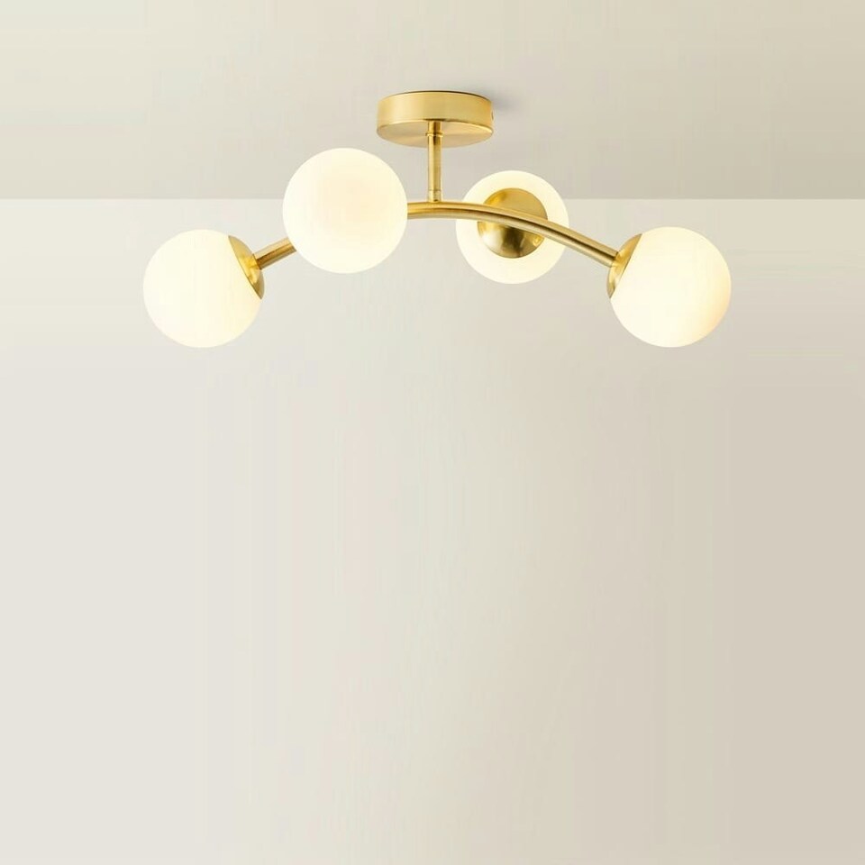 image 1 of ValueLights Jas Gold 4 Way Ceiling Light with Opal White Frosted Glass Globe Shades and LED Bulbs | Gold
