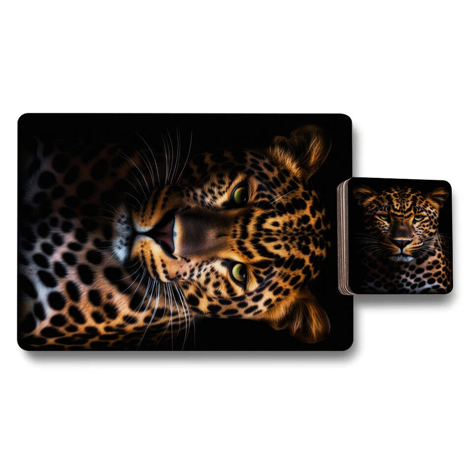 image 1 of Leopard Print Placemats And Coasters Set 12 Pieces 11x8 Placemats Wood Bottom