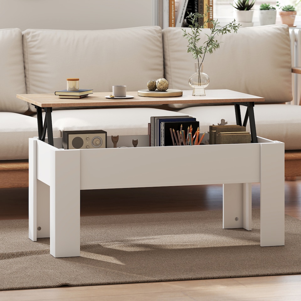 image 1 of HOMCOM Lift Top Coffee Table with Hidden Storage Compartment, Lift Tabletop Pop-Up Center Table for Living Room | White
