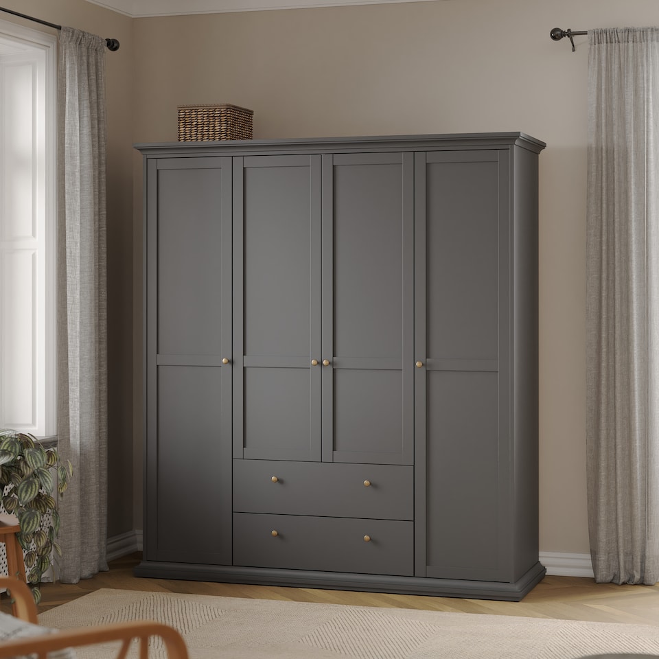 image 1 of Paris Wardrobe with 4 Doors and 2 Drawers in Matt Grey