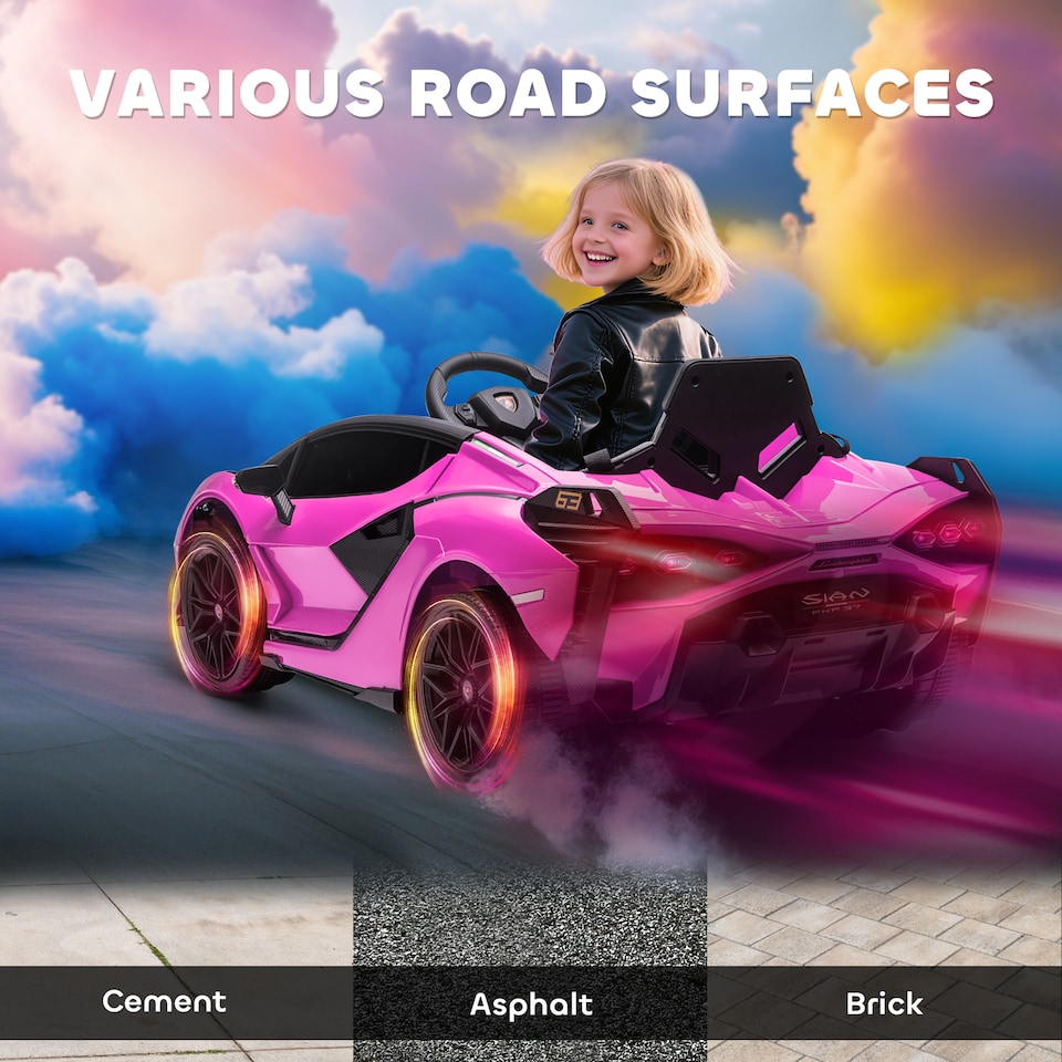 image 1 of HOMCOM Lamborghini Sian Licensed 12V Electric Car for Kids 2 Motors Toy Car with Remote Control Music Lights MP3 for 3-5 Years Pink