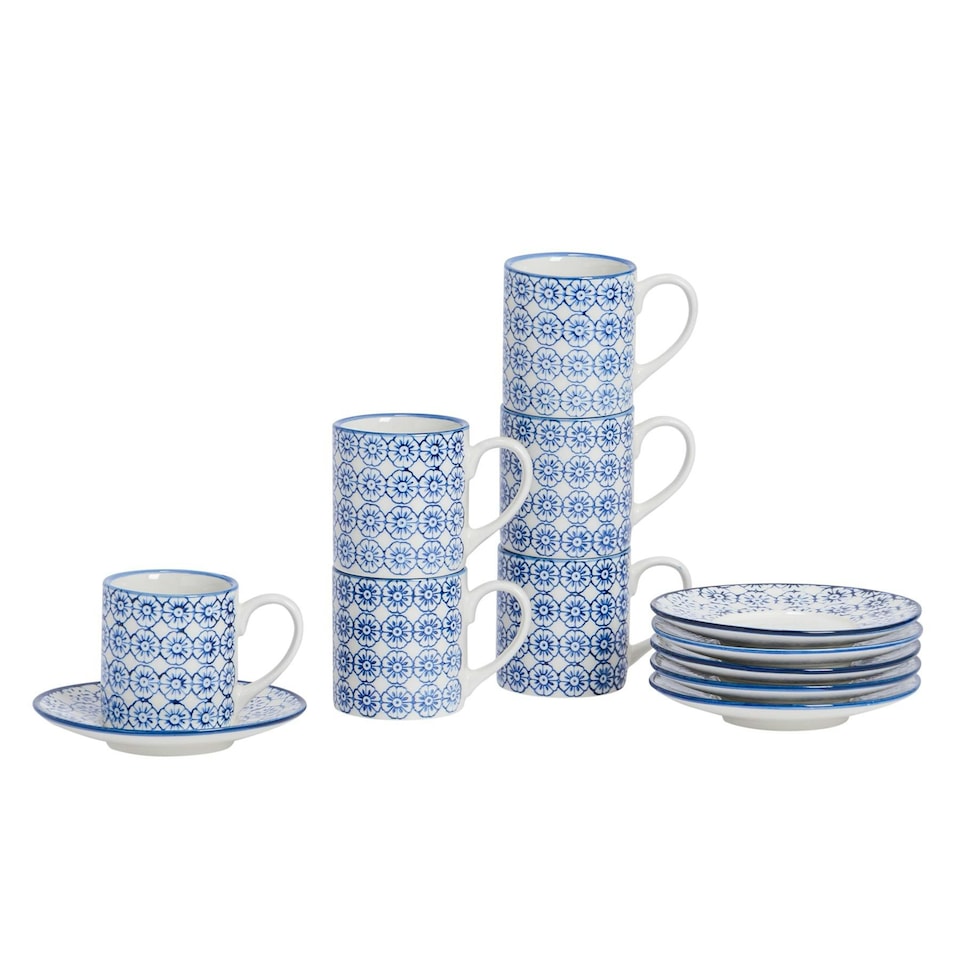 image 1 of Nicola Spring 12 Piece Hand-Printed Espresso Cup & Saucer Set - 65ml - Navy