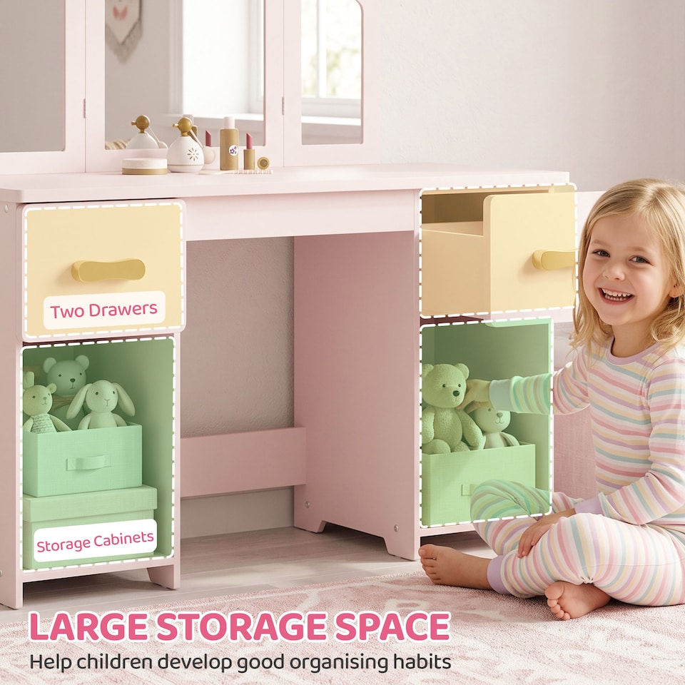 image 1 of AIYAPLAY Kids Vanity Table and Chair Set with Tri-Folding Mirror for 3+
