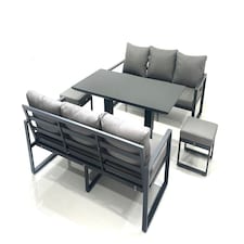 Fimous 8 Seater Aluminium Outdoor Garden Furniture Set with Adjustable Rising Lifting Dining Table 3 Seater Sofa 2 Small Footstool Dark Grey