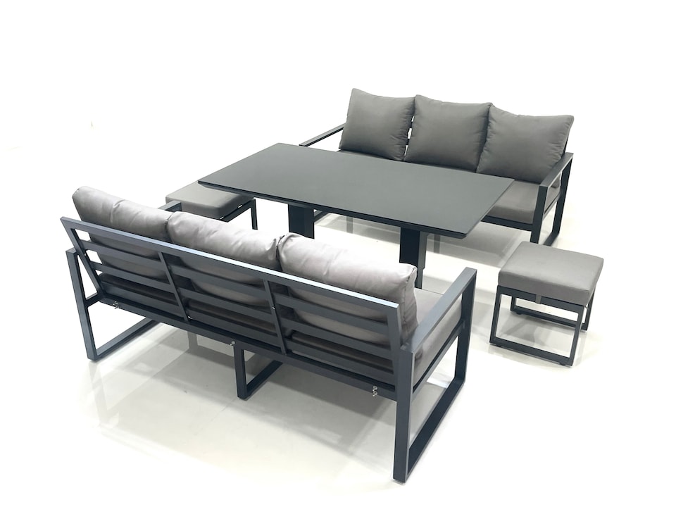 image 1 of Fimous 8 Seater Aluminium Outdoor Garden Furniture Set with Adjustable Rising Lifting Dining Table 3 Seater Sofa 2 Small Footstool Dark Grey
