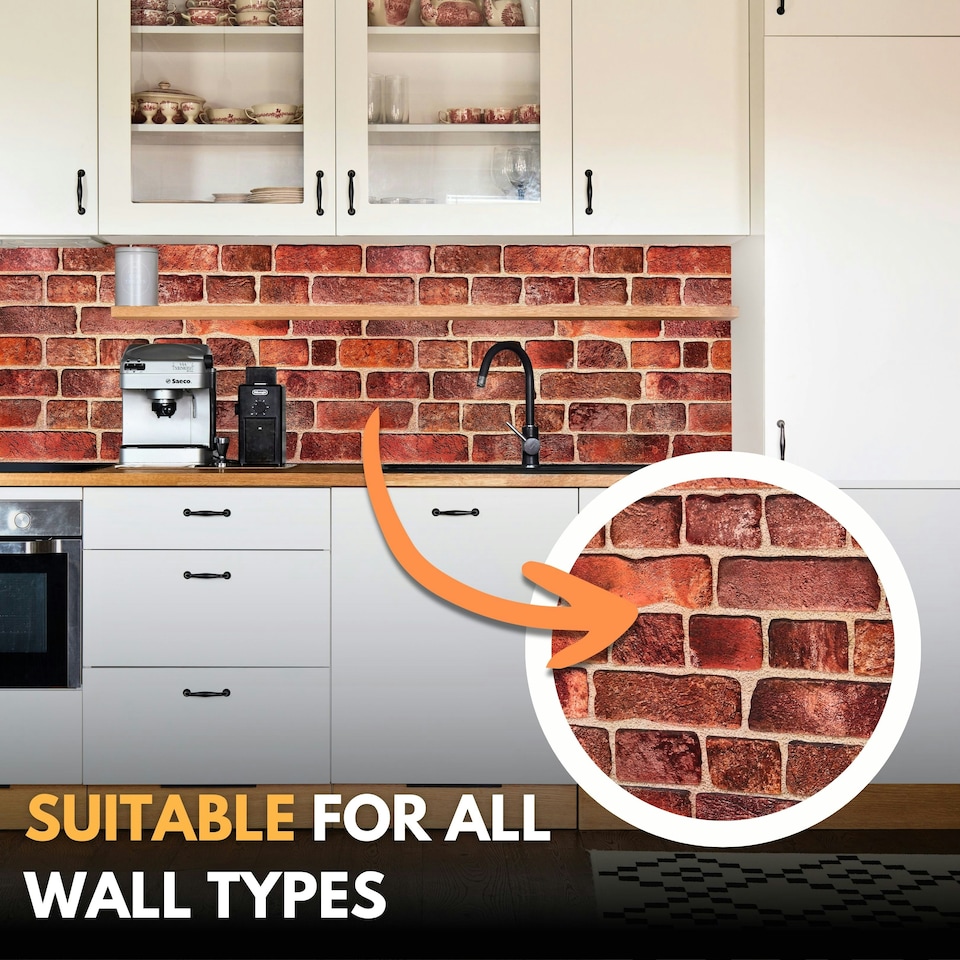 image 1 of NOVECRAFTO 3D Brick Effect Wall Panels – 6 PVC Sheets, Covers 29.76 sq ft (2.76 sqm), 96x48cm Each – Red Faux Brick Look, Easy DIY Wall Cladding Red