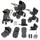 image 1 of Stomp Luxe 12pc Travel System with Cirrus i-Size Car Seat & ISOFIX Base, Carrycot, Reversible Seat, Rain Cover & More (Black/Charcoal Grey/Tan)