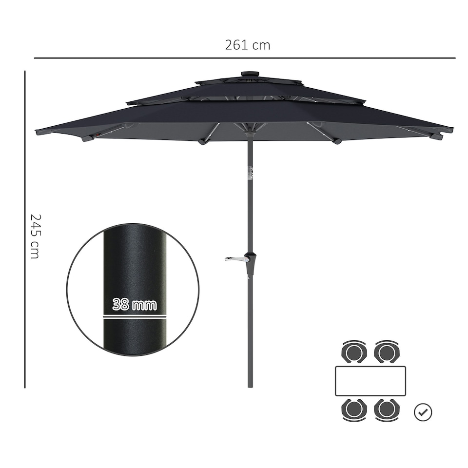 image 1 of Outsunny 3-Tier Garden Parasol w/ Solar LED Lights, Tilt, Crank Handle 