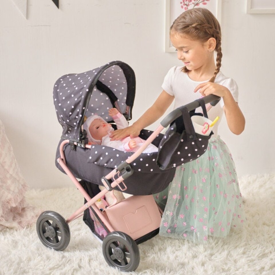 image 1 of Teamson Kids 2-in-1 Classic Doll Stroller in Black with Removable Bassinet, Adjustable Canopy, Storage Basket & Bag