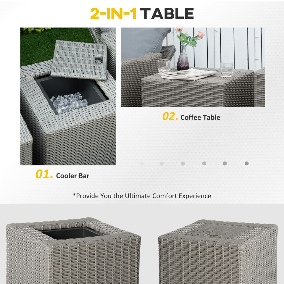 image 1 of Outsunny 5 PCs Outdoor Rattan Lounge Sofa Footstool Cooler Bar Coffee Table Set