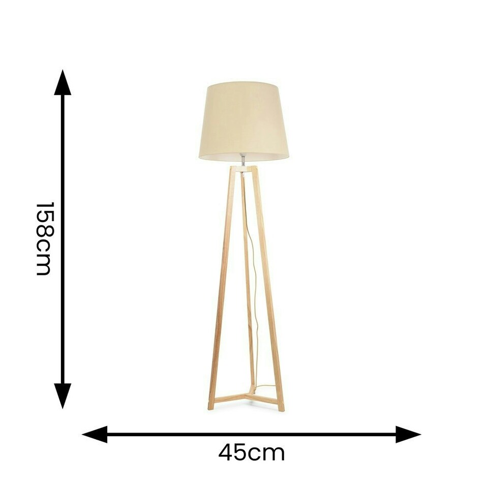 image 1 of ValueLights Lottie Natural Wood Tripod Floor Lamp with Beige Fabric Tapered Shade and LED Bulb