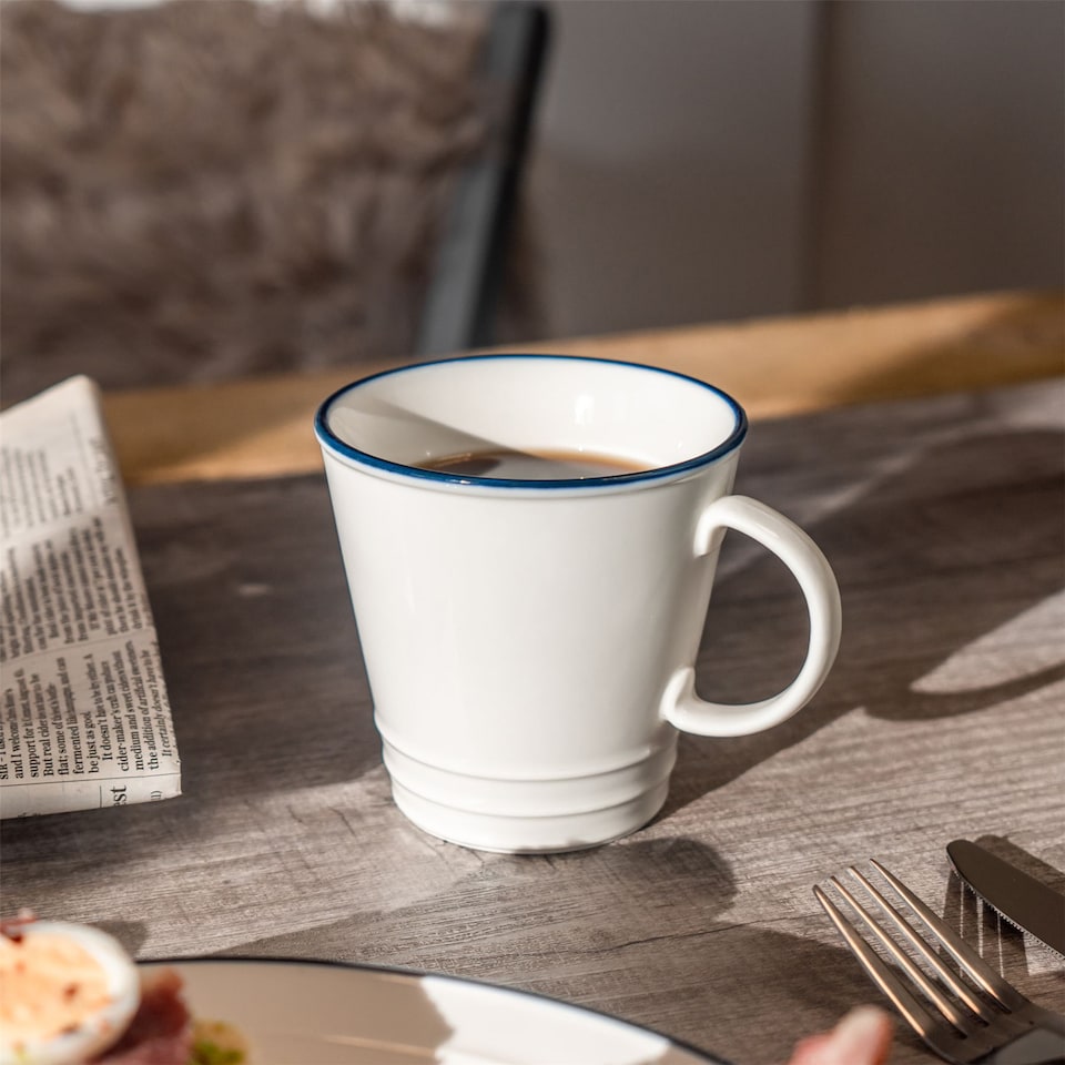 image 1 of Nicola Spring 380ml Farmhouse Mugs - Set of 6 Porcelain Tea & Coffee Cup Rustic Cottage Drinkware with Rolled Rim & Comfort Handle | White | White/Blue Rim | 12.5 x 10 x 9.5 CM | 6