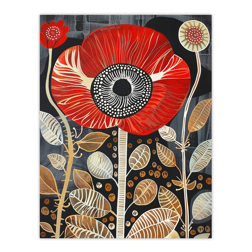 image 1 of Poppy Flower Red Gold Grey Modern Folk Art Black Framed Wall Art Print A4