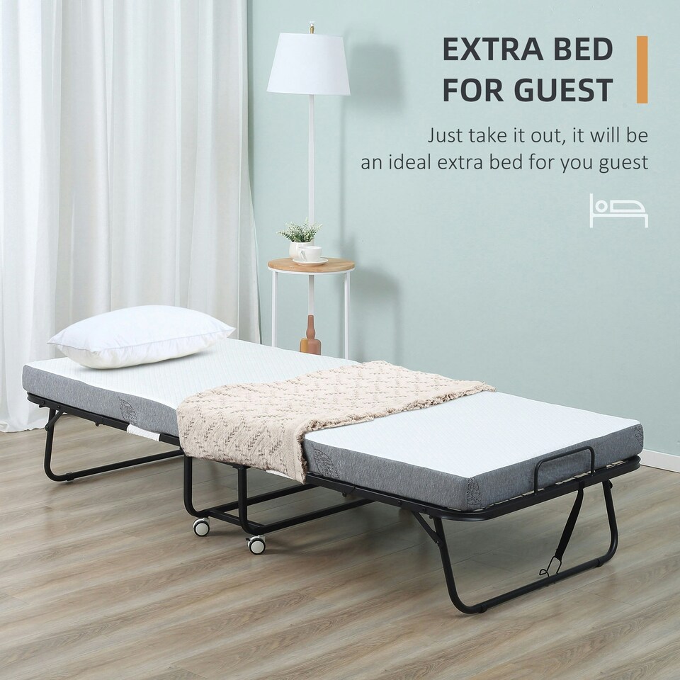 image 1 of HOMCOM Folding Bed with 10cm Mattress, Portable Foldable Guest Bed with Wheels