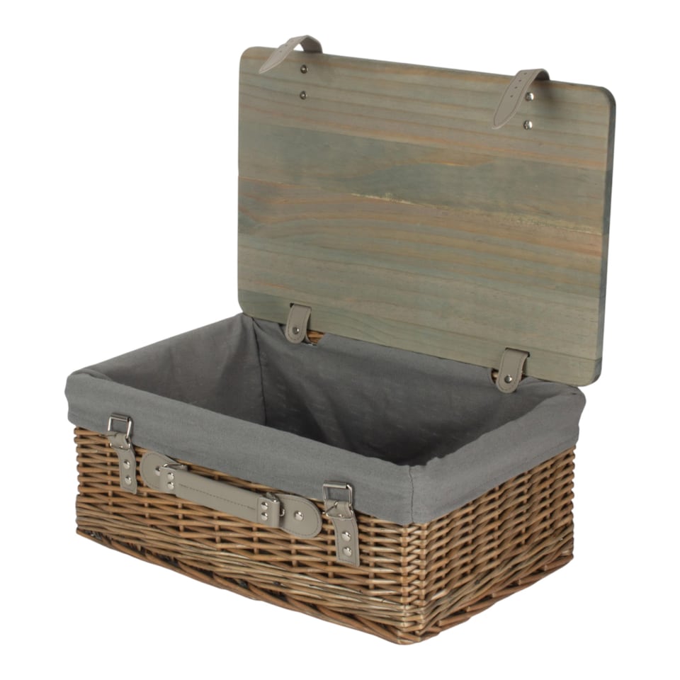 image 1 of 41cm Antique Wash Grey Lined Willow Empty Picnic Basket with Pinewood Lid | Brown | Brown | M | 1