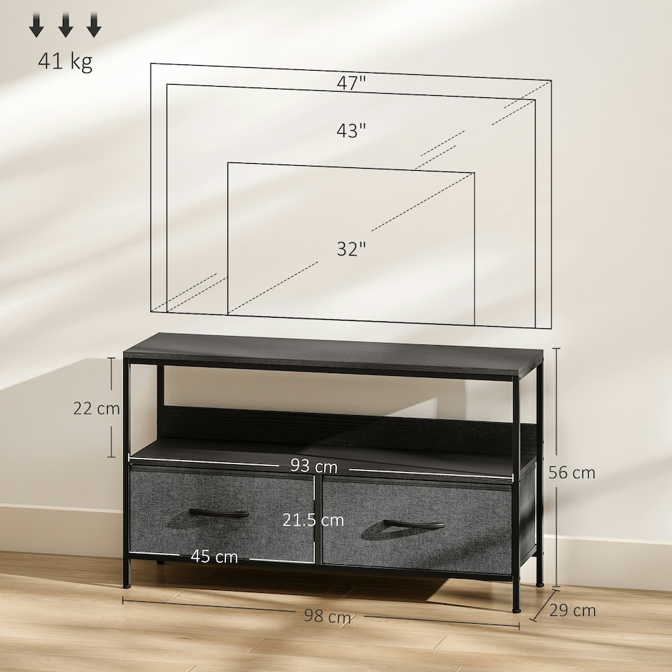 image 1 of HOMCOM TV Cabinet, TV Console Unit with 2 Foldable Linen Drawers Black