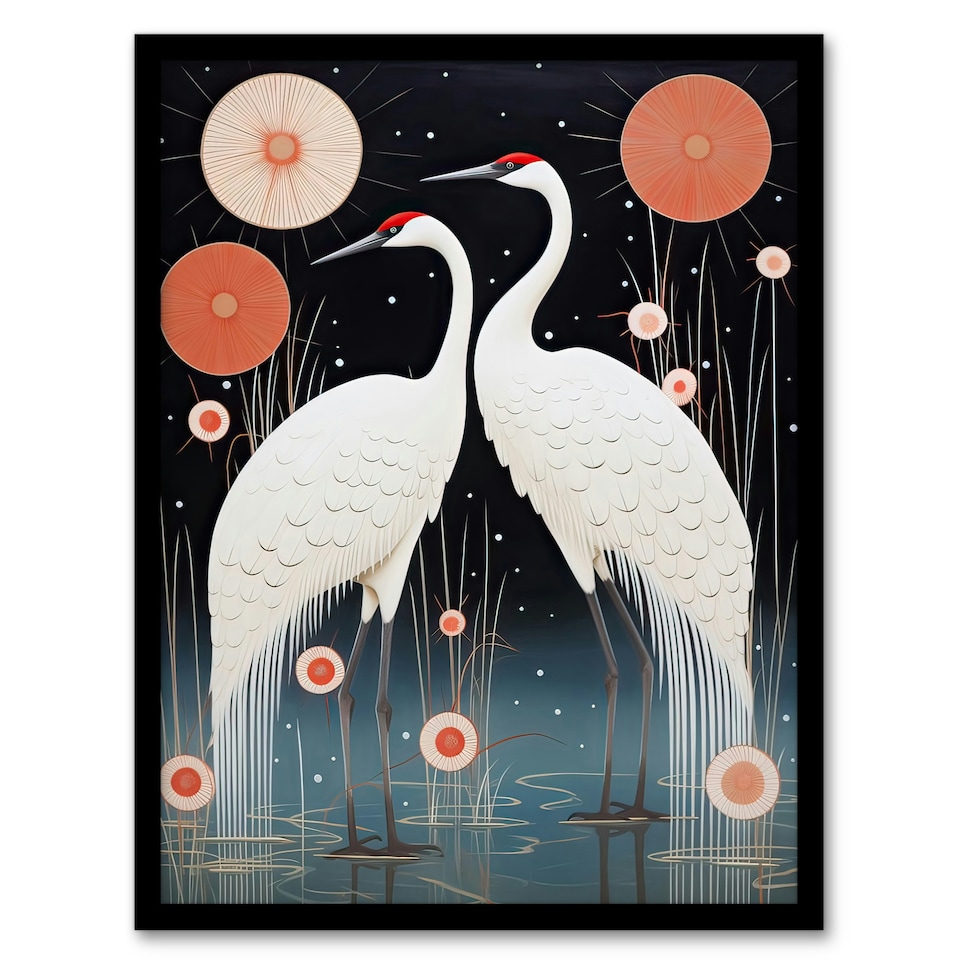 image 1 of Japanese Cranes Oil Floral Pink White Birds Black Framed Wall Art Print A4